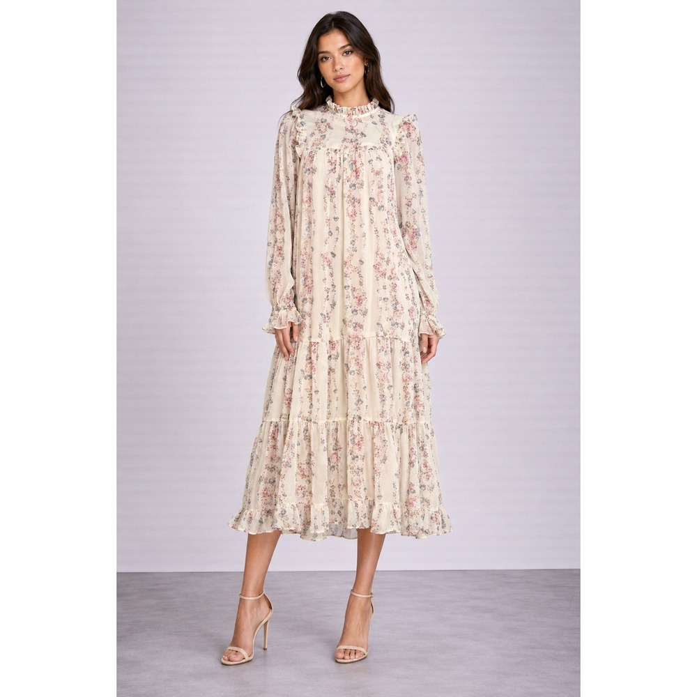 In Loom Floral Tiered Midi Dress Cream Pink Blue Ruffle Mock Neck S